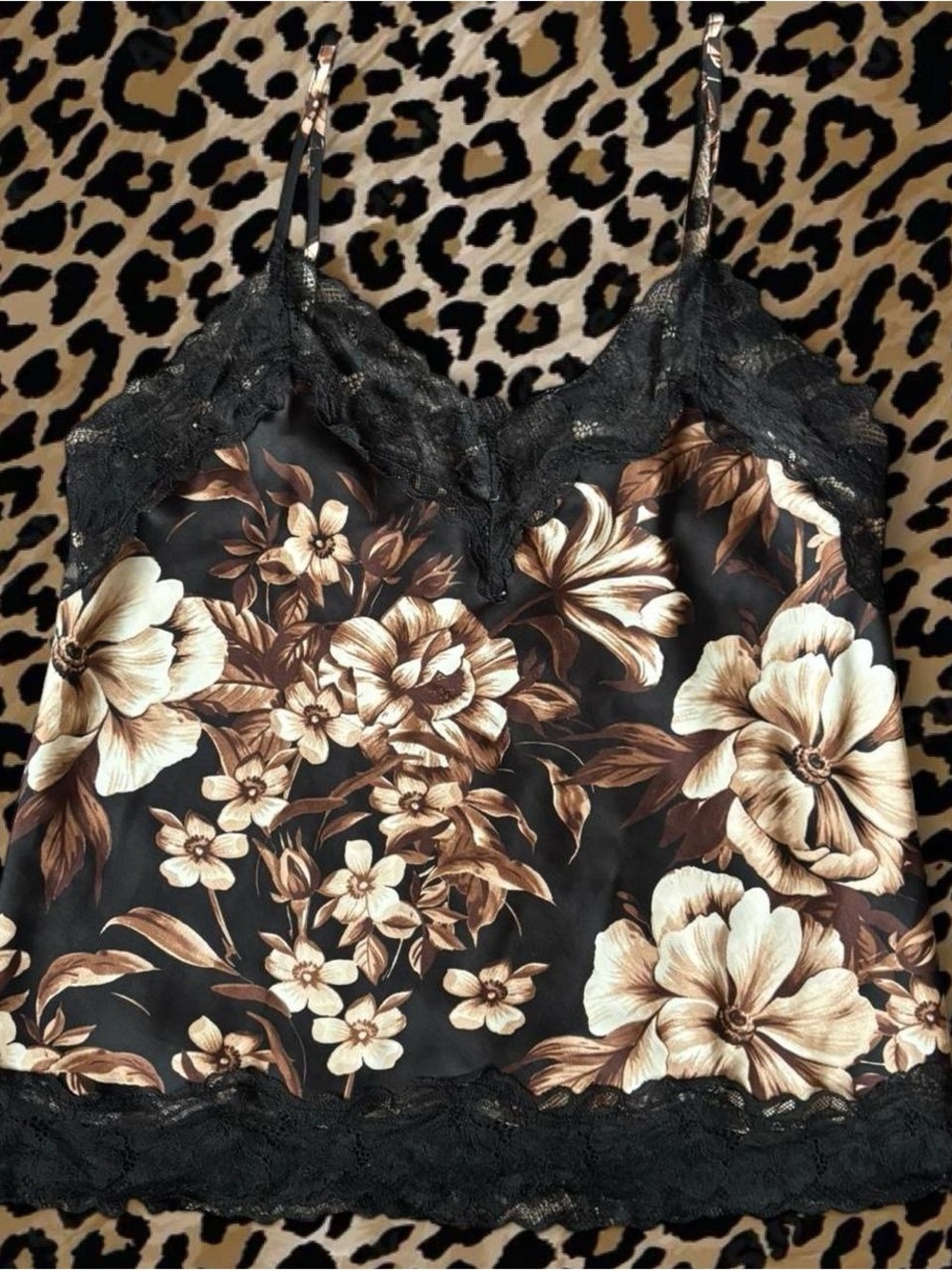 Express Black Floral Lace-Trim Cami with Brown & Cream Blooms